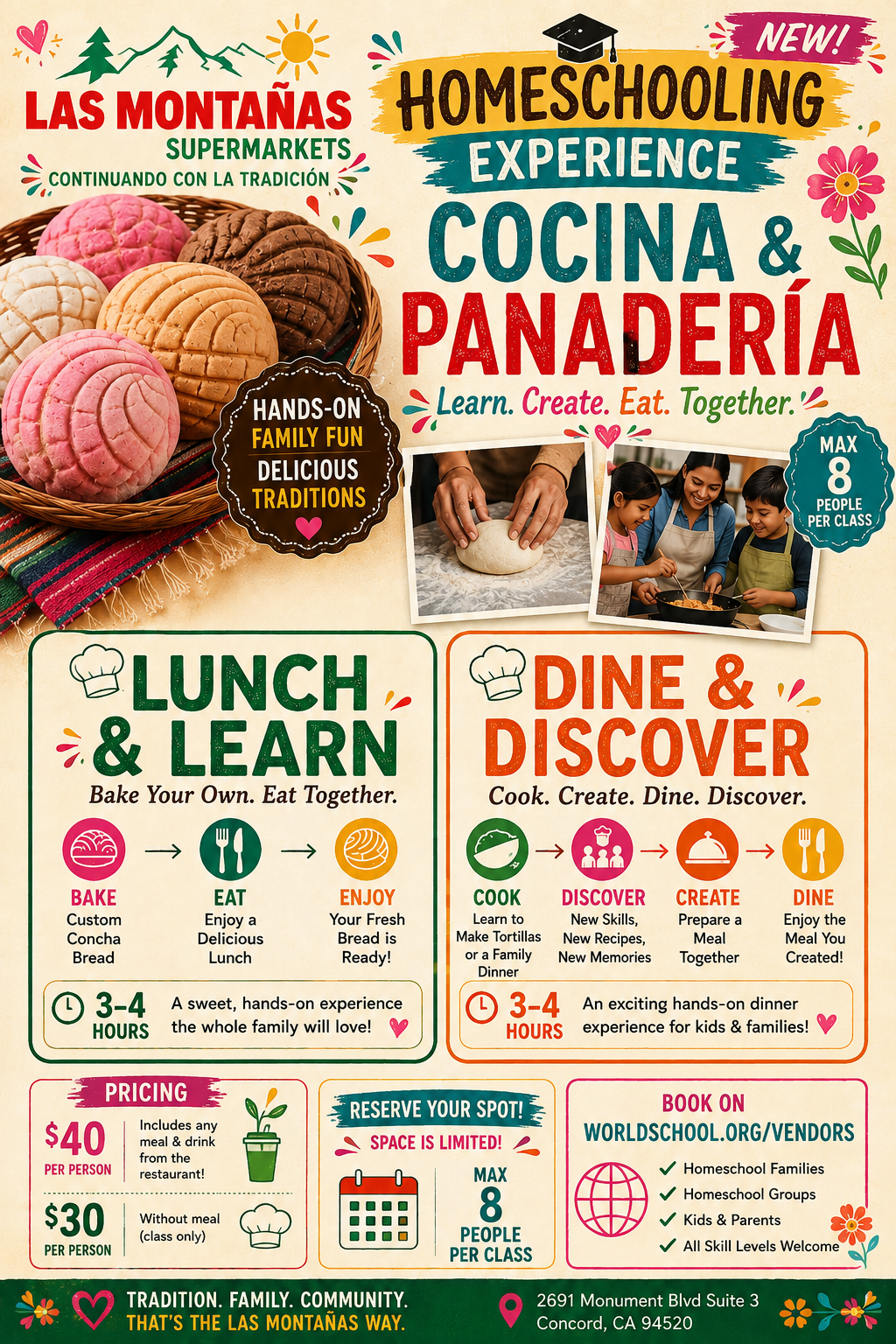 Las Montañas Supermarkets Homeschooling Experience — Cocina & Panadería flyer with Lunch & Learn and Dine & Discover pricing