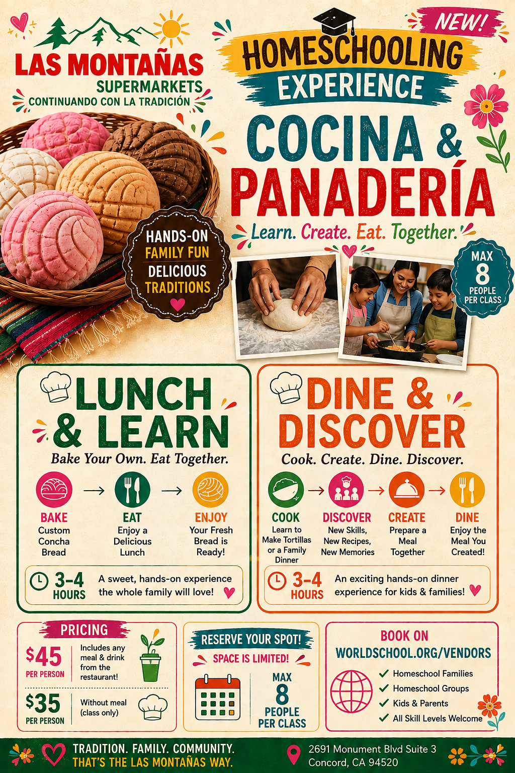 Las Montañas Supermarkets Homeschooling Experience — Cocina & Panadería flyer with Lunch & Learn and Dine & Discover pricing